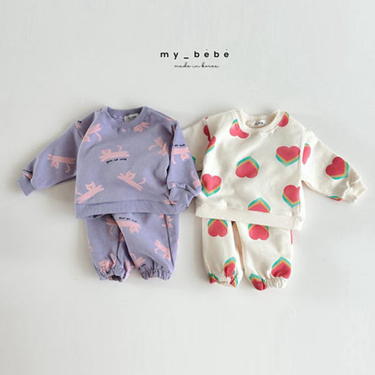 MyBebe Printed Set <Cat Purple/Heart Ivory> *XS~XL*