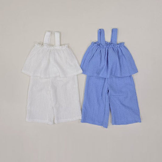 Soybean Summer Frill Top & Wide Pants Set <Sky Blue / Ivory> Sizes XS–XL