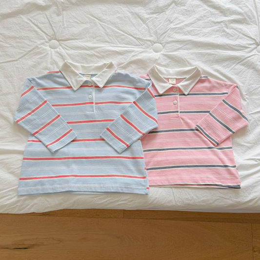 Milky Striped Collar T-Shirt - Adult <Sky Blue / Pink> *FREE*