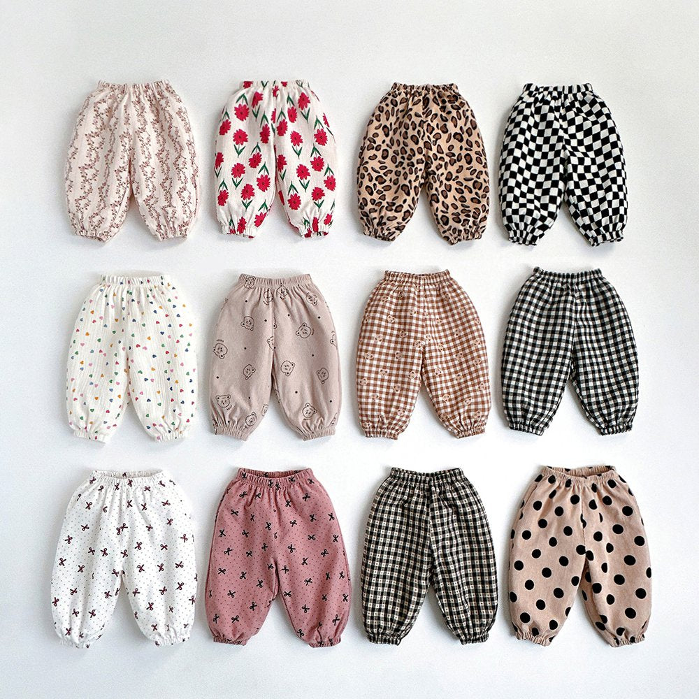 Vivid-I Printed pattern baggy pants (Check / Vans / Leopard / Dot / Check bear / Stitch check / Ribbon pink / Ribbon ivory / Pink floral / Bear face / Color heart / Red floral) XS~JM