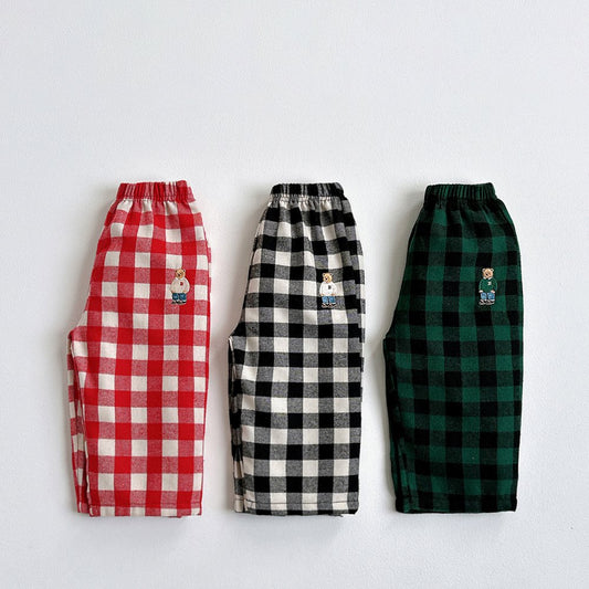 Vivid-I Check bear-embroidery pants (Black / Green / Red) XS~JM