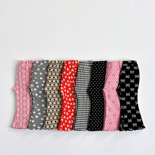 Vivid-I Jacquard pattern flared pants (Check / Dot / Beige floral / Check floral / Pink floral / Red heart / Pink ribbon / Black ribbon) XS~JM
