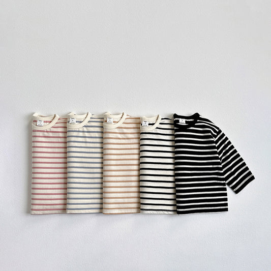 Vivid-I Ribbed stripe T-shirt (Beige / Pink / Blue / Cream with black stripes / Black with cream stripes) XS~JM