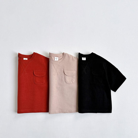 Vivid-I Pocket boxy short-sleeve T-shirt (Beige / Vintage Red / Black) XS~JM