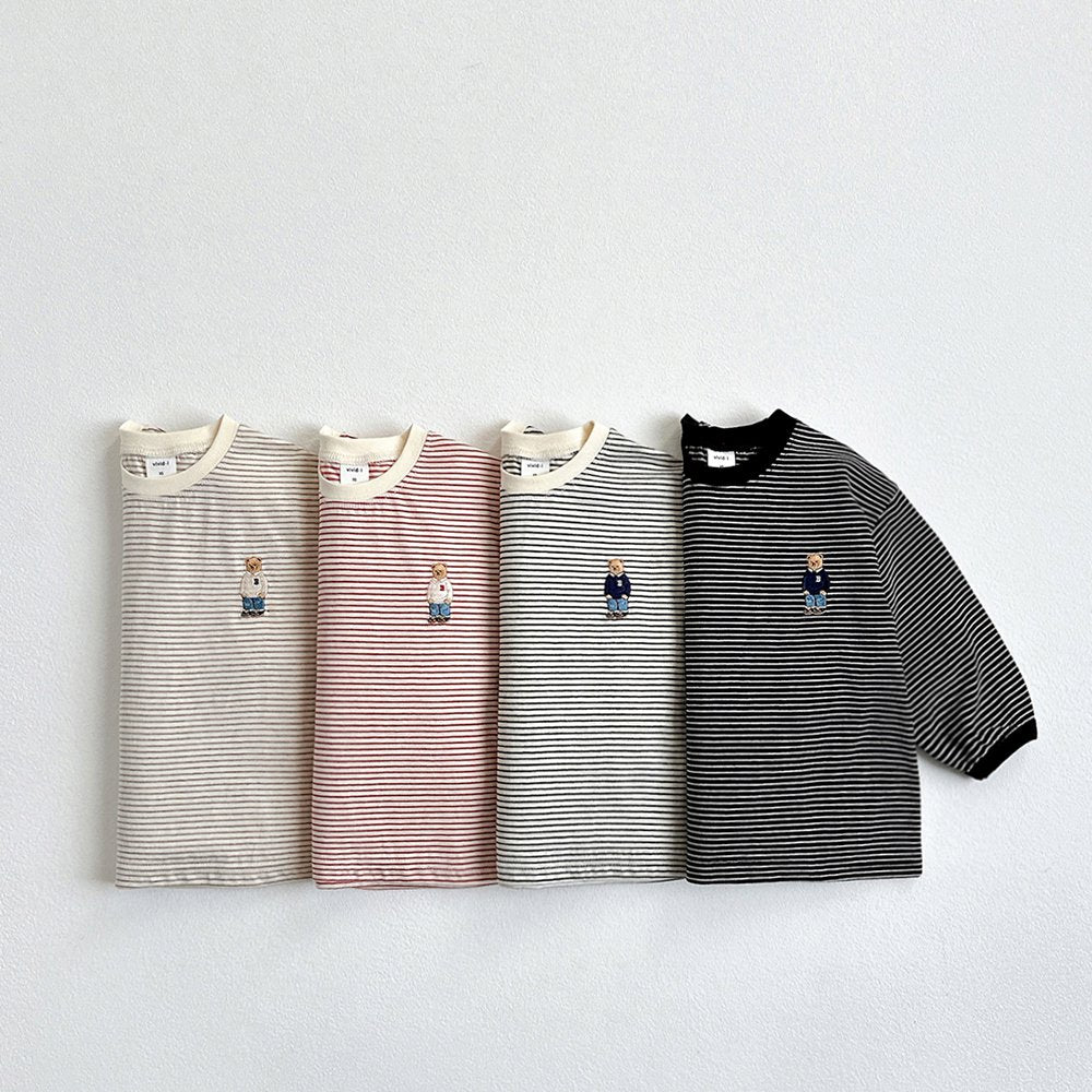 Vivid-I Bear embroidery striped Tee (Black/Cream stripes, Cream/Black stripes, Red, Beige) XS~JM