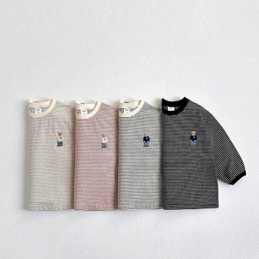 Vivid-I Bear embroidery striped Tee (Black/Cream stripes, Cream/Black stripes, Red, Beige) XS~JM