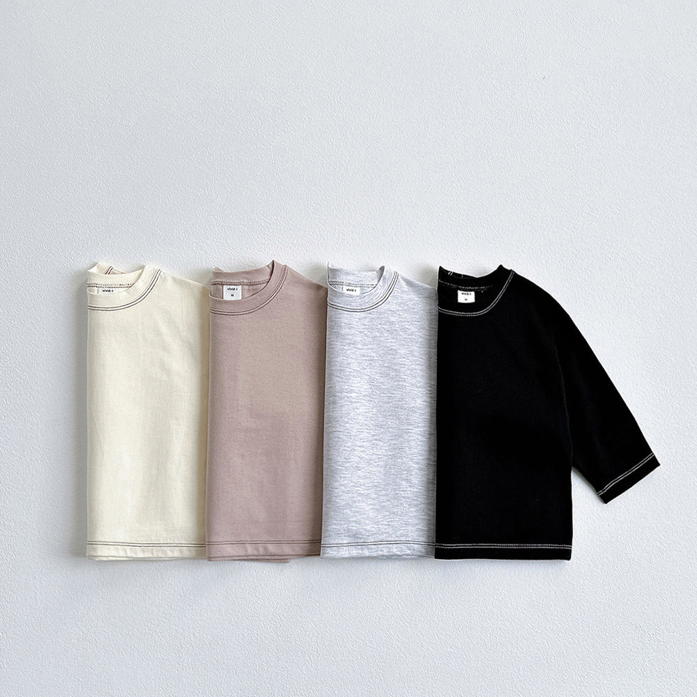 Vivid-I Line Stitch Tee <Cream / Beige / Back Melange / Black> XS~JM