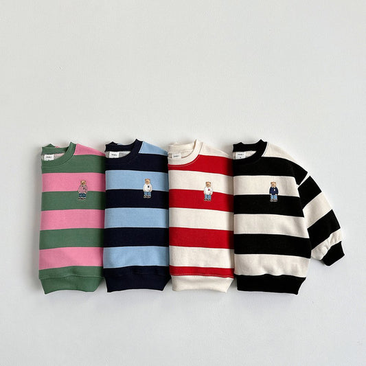Vivid-I Big Stripe Bear Sweatshirt <Black / Red / Pink / Blue> XS~JM
