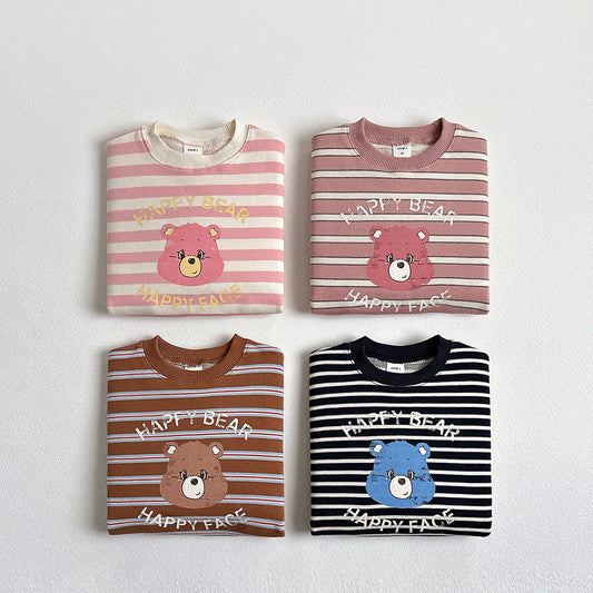 Vivid-I Happy Bear Striped Sweatshirt <Navy / Light Pink / Indie Pink / Brown> XS~JM