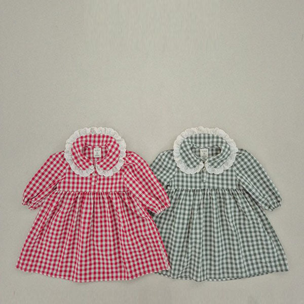 Soybean Loose Check Lace Dress <Red/Green> *XS~JM*