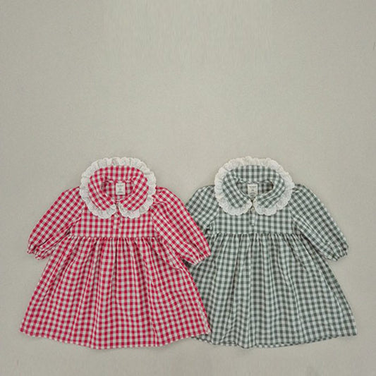 Soybean Loose Check Lace Dress <Red/Green> *XS~JM*