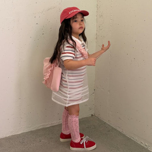 Ellymoly Picknic Collar Dress <Pink/Navy> *5–15*